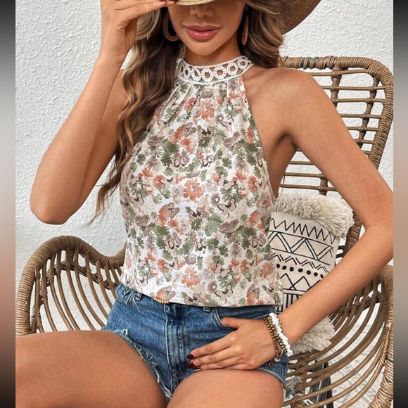 Boho Floral Print Halter Neck Lace Back Top Blouse Shirt - Picture 5 of 14